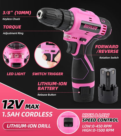 Pink Tool Set for Women, 126-Piece Lady's Power Screwdriver Cordless Rechargeable Set Home Repairing Tool Set with 13-Inch Wide Mouth Open Storage 126PCS 3.6V Electric Screwdriver Tool Bag