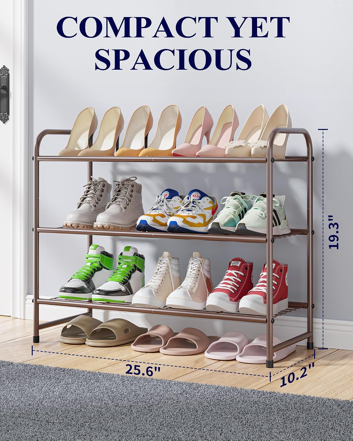 Kitsure Shoe Rack - Stainless Steel Shoe Organizer, Sturdy Shoe Rack for Closet and Front Door Entrance, Free Standing Shoe Shelf, Closet Organizers and Storage, 25.6" Wide - 3 Tier, Black