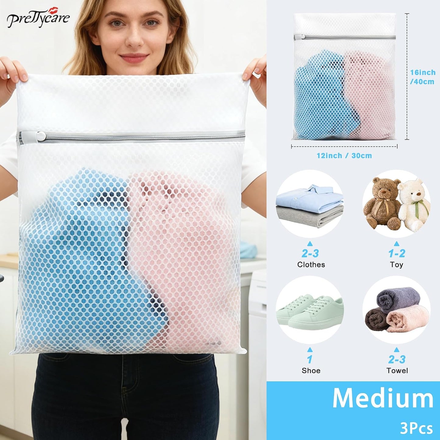 PrettyCare 3 Large (16x19inch) Mesh Laundry Bags for Delicates, Durable Honeycomb Wash Bags with Premium Zippers - Laundry Essentials Mesh Bags for Lingerie, Bras, Socks, Sweater, Travel & Organizing