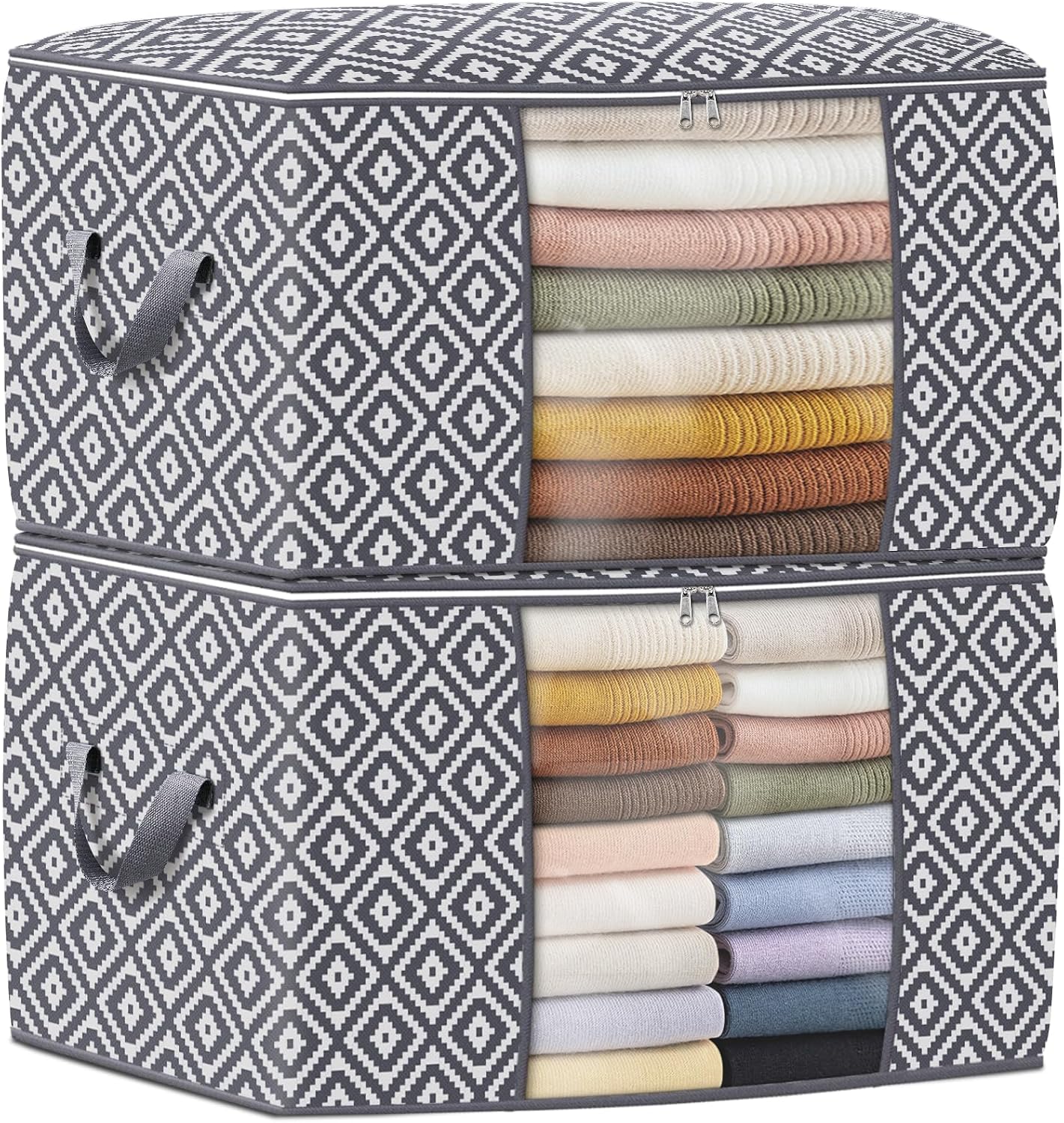StorageTastic Direct 100L, 3 Pack, Storage Containers, Large Clothes Storage Bins Foldable Organization and Storage Bags with Reinforced Handle, Clear Window for Bedding, Blankets, Clothing, Grey