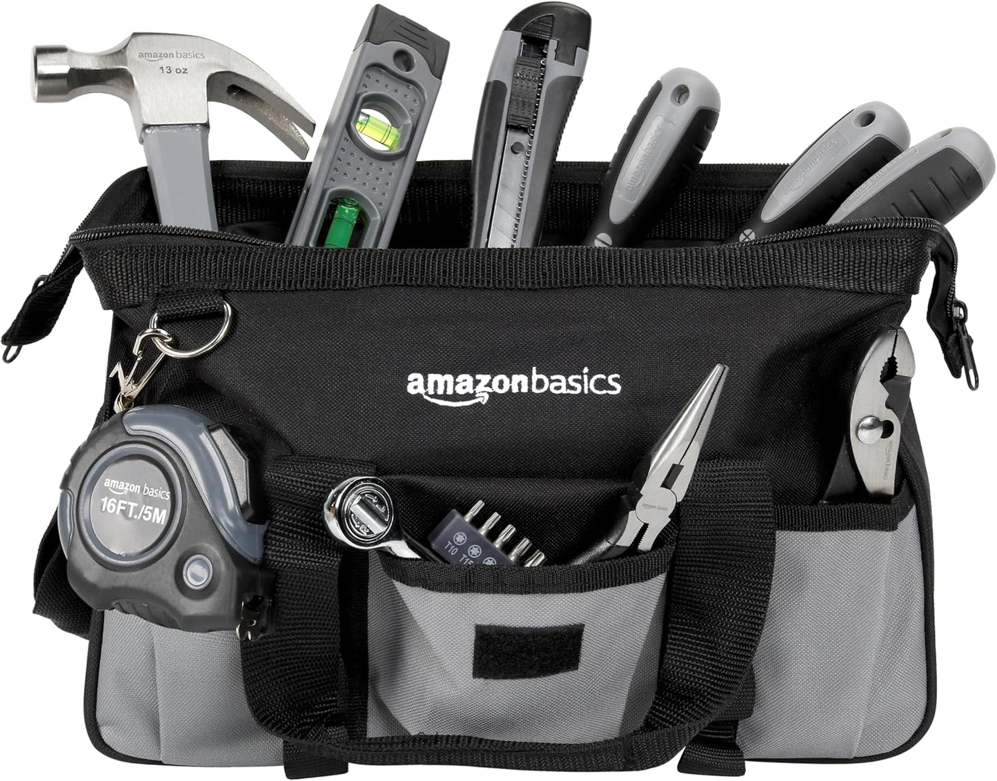 Amazon Basics 65 Piece Home Repair Tool Kit Set With Carrying Bag, Hand Tools, Socket Set, SAE and Metric, Silver, Black