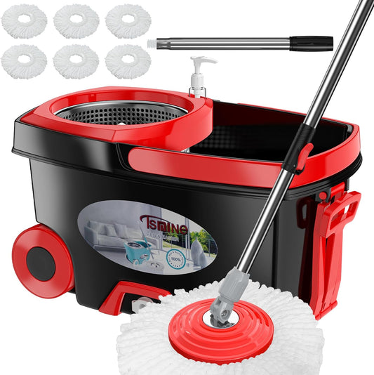 FunClean Spin Mop and Bucket,Mop and Bucket with Wringer Set for Home,360 Spinning Mopping Floor Cleaning Tool with 6 Microfiber Replacement Head Refills,61" Extended Handle, 2X Wheel - Blue