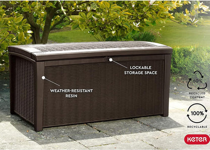 Keter Outdoor Storage Deck Box for Patio, Backyard & Garden, Borneo, 110 Gal, Grey - Lockable, Organizing, and Waterproof Plastic Container Bench