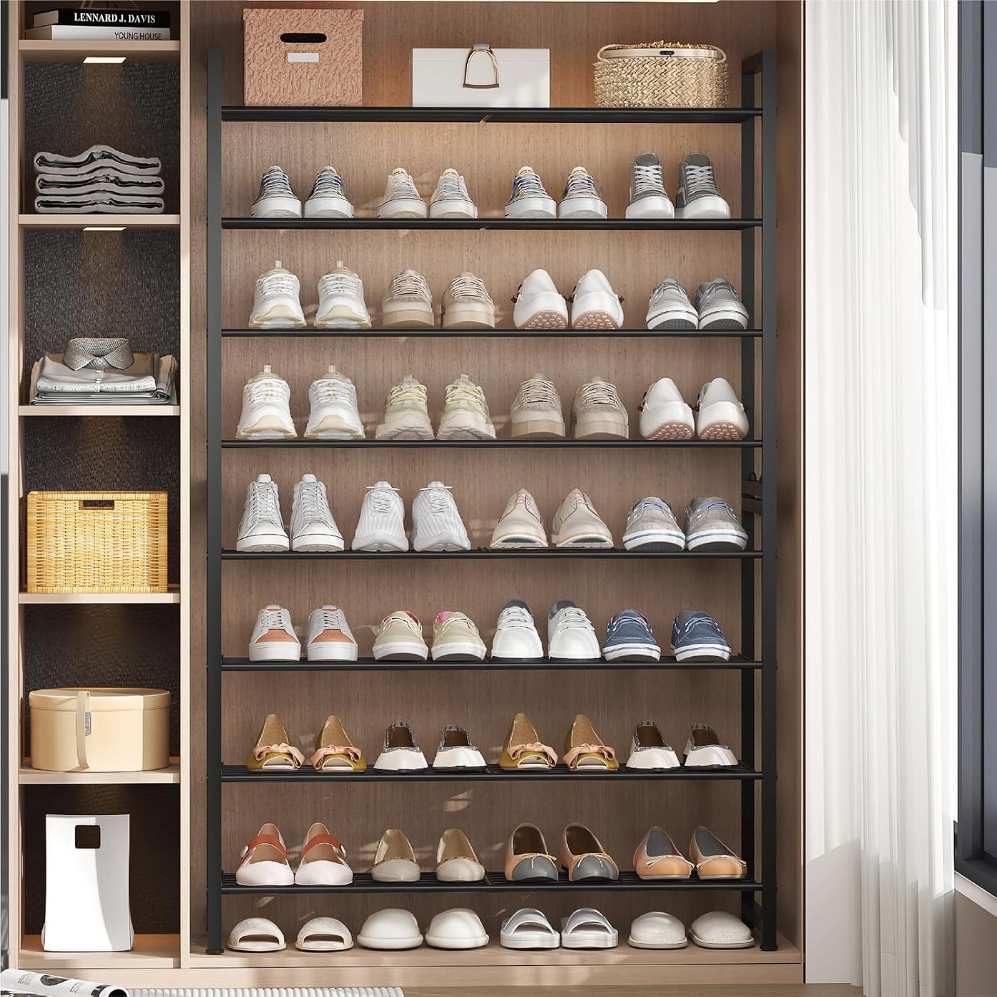 Stackable Shoe Rack, 6 Tier Metal Shoes Rack Storage Organizer,Large Capacity Shoe Shelf Max Holds 30 Pairs of Shoes,Sturdy and Stable, for Closet, Entryway,Garage，Black