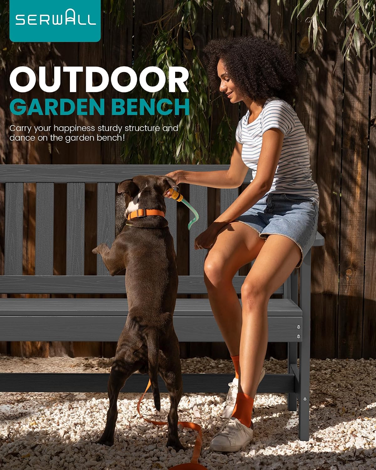 SERWALL HDPE Outdoor Storage Bench, Deck Box with Waterproof Storage Bags | All-Weather Benches | 57 Gallon Dual-Use Seat | Organizer Deck Boxes for Patio, Garden Tools & Pool | Dark Black