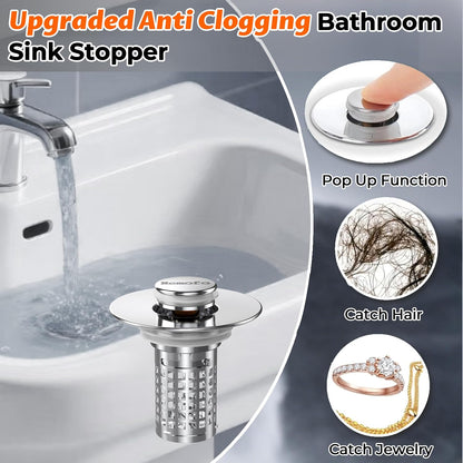 Bathroom Sink Drain Strainer(2PCS), Stainless Steel Pop-up Strainer Basket Hair Catcher with Removable Basket, Brass Bullet Core, Universal Fit 1.1-2.36 Inch