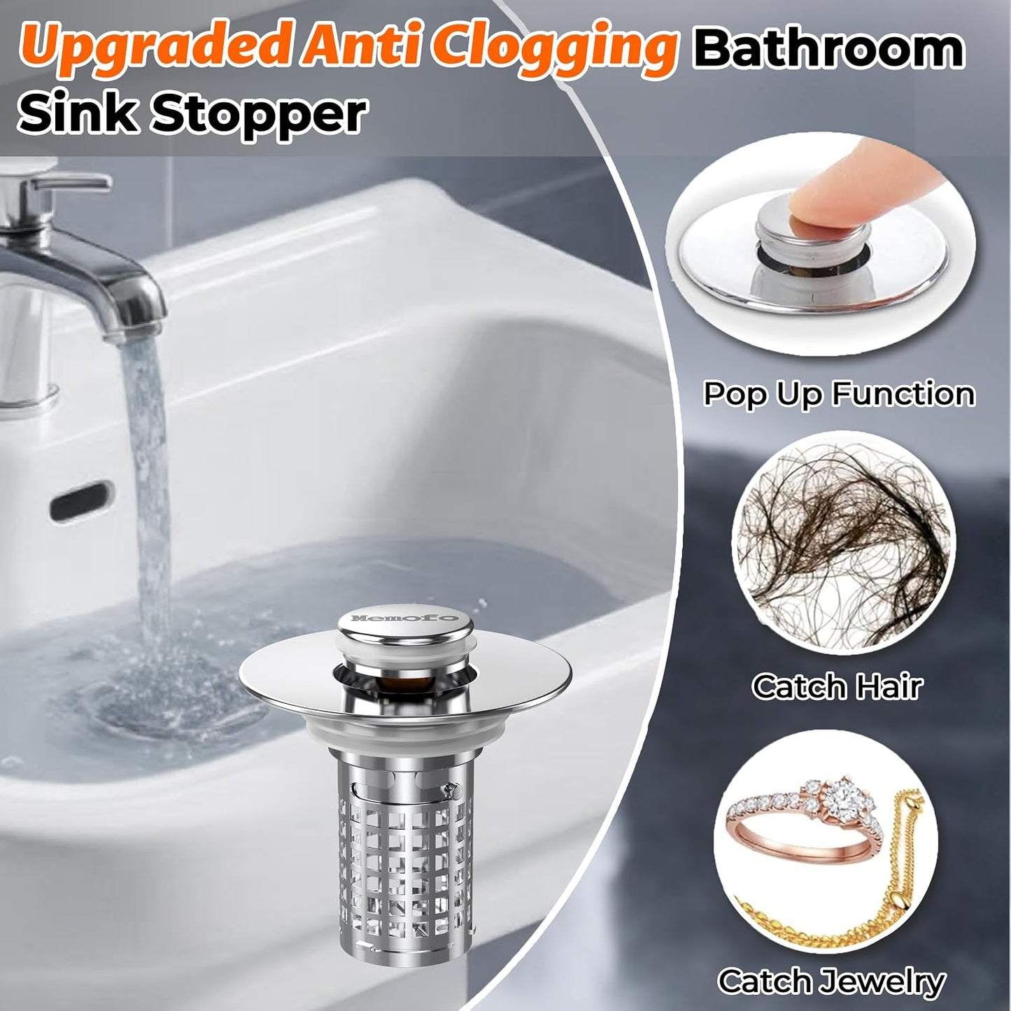 Bathroom Sink Drain Strainer, Stainless Steel Pop-up Strainer Basket Hair Catcher with Removable Basket, Brass Bullet Core, Universal Fit 1.1-2.36 Inch (1PCS)