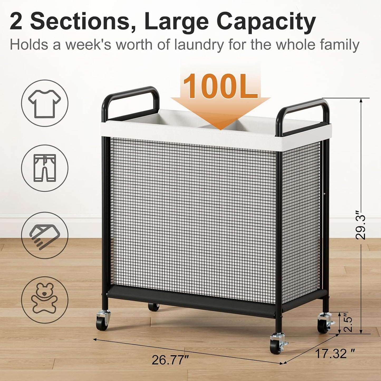 WOWLIVE Laundry Hamper 3 Section, 120L Rolling Laundry Basket with wheels and Removable Liner Bag, Laundry Sorter with Metal Handle, Large Clothes Hamper for Laundry Room, Bathroom and Dorm, Beige