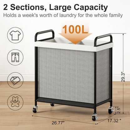 WOWLIVE Laundry Hamper 3 Section, 120L Rolling Laundry Basket with wheels and Removable Liner Bag, Laundry Sorter with Metal Handle, Large Clothes Hamper for Laundry Room, Bathroom and Dorm, Beige
