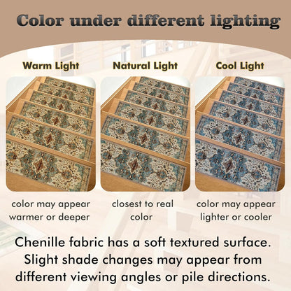 Non Slip Stair Treads for Wooden Steps, 15 Pack 8"x30" Washable Carpet | 8x30 in soft chenille polyester stair treads with reusable TPE backing for indoor wood stairs, dogs, kids, and seniors