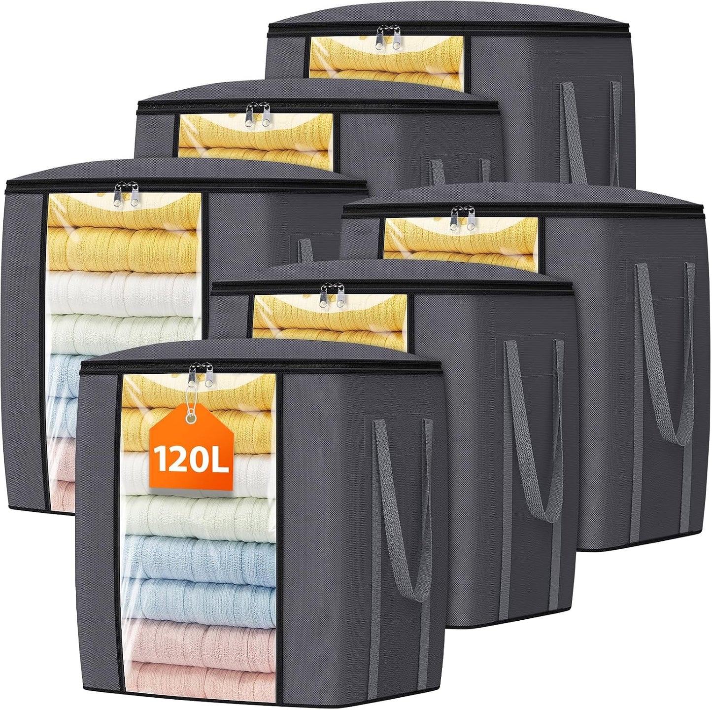 TasticTotes 120L Extra Large Clothes Storage Bags, Foldable Blanket Storage and Organization, Thick Fabric Containers with Reinforced Handles & Zippers for Clothing, Comforters, Bedding, Gray, 1 Pack