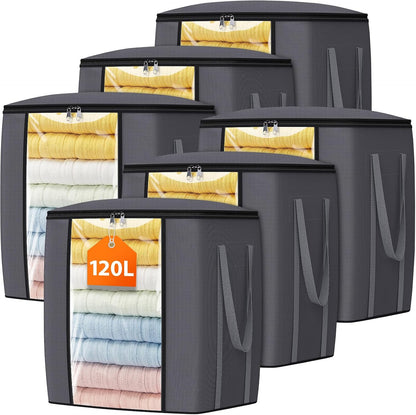 TasticTotes 120L Extra Large Clothes Storage Bags, Foldable Blanket Storage and Organization, Thick Fabric Containers with Reinforced Handles & Zippers for Clothing, Comforters, Bedding, Gray, 1 Pack