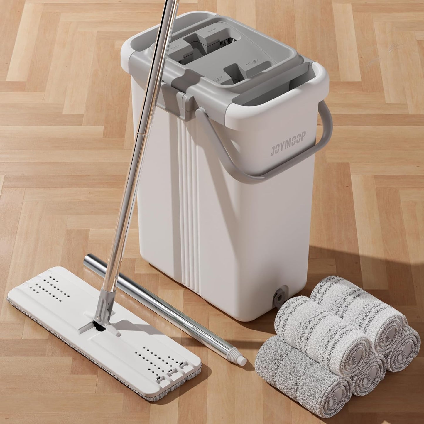 JOYMOOP Mop and Bucket Set, Flat Mops for Floor & Wall Cleaning, Commercial & Household Use, Hardwood Floor Mop with Long Handle & 4 Microfiber Pads