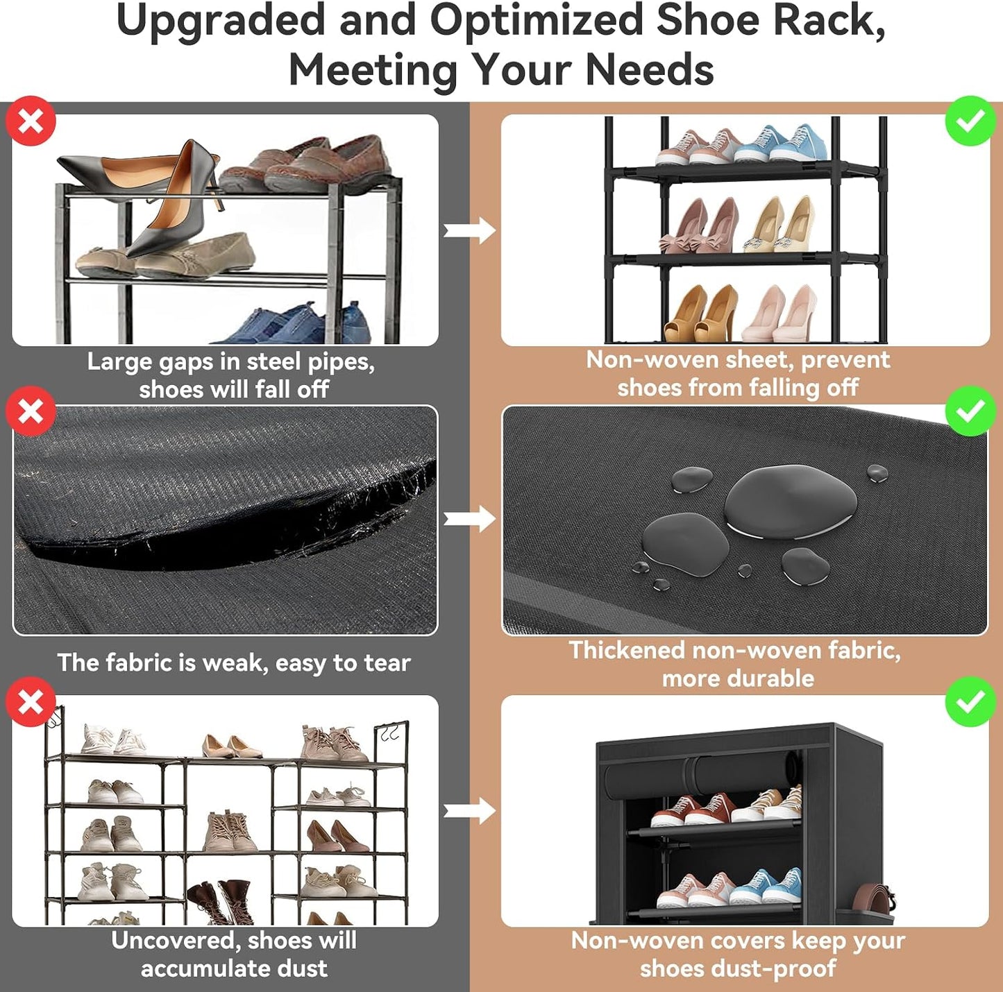 ROJASOP 10 Tier Shoe Rack with Covers,Large Capacity Stackable Tall Shoe Shelf Storage to 50-55 Pairs Shoes and Boots Sturdy Metal Free Standing Shoe Rack Organizer for Closet Entryway Garage