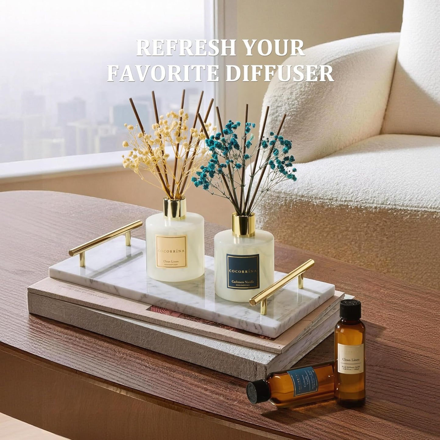 COCORRÍNA Reed Diffuser Refill Set, 10.2oz Scented Oil Refill 3 Pack, Clean Linen, Ocean Mist, Eucalyptus & Moss, Long Lasting Oil Diffuser Refill with 18 Sticks for Bathroom & Bedroom