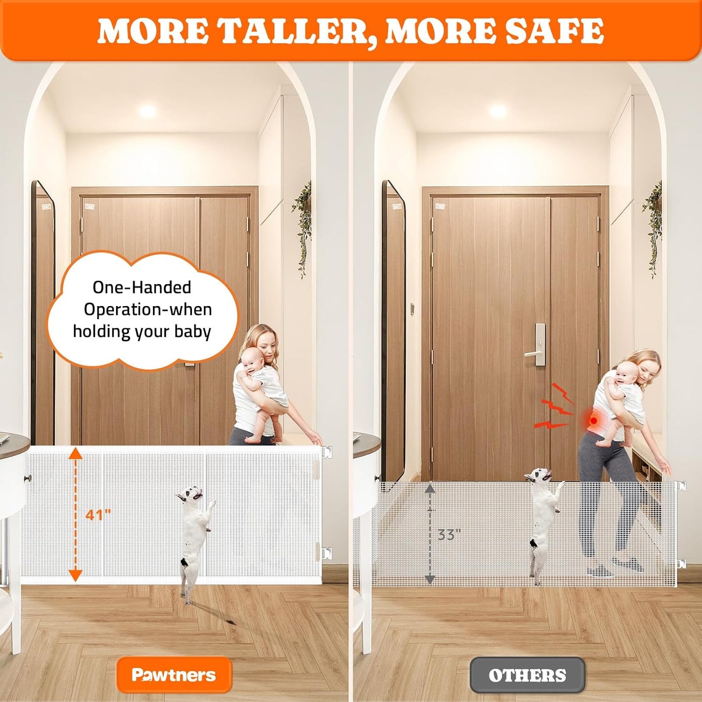 Pawtners Retractable Baby Gates Extra Wide, 41" Tall Extends up to 71" Wide, Dog Gate Indoor for Stairs, Pet Gate with Support Rods for Doorways Hallways Indoor & Outdoor-Black