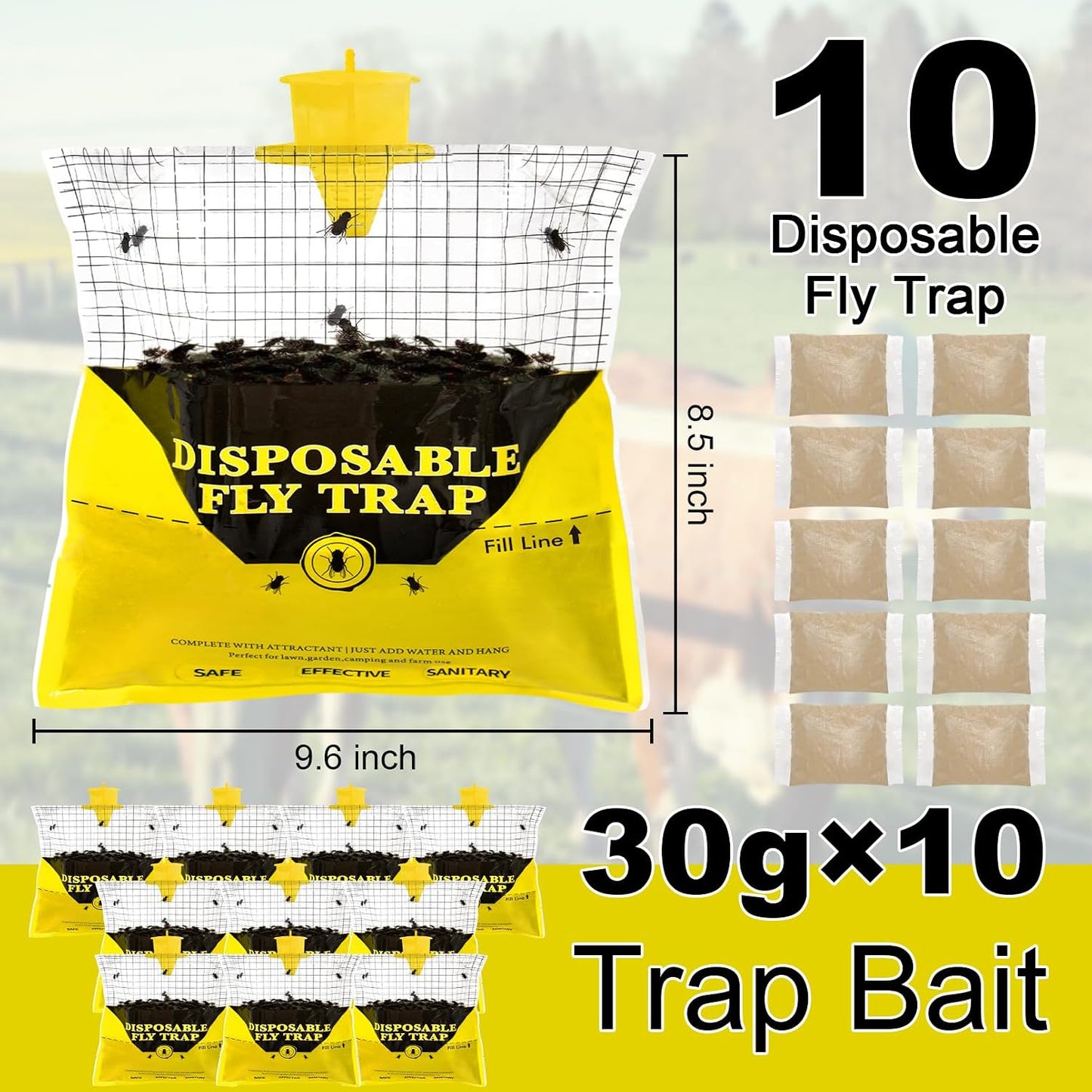 Glovv Fly Traps Outdoor Hanging with Fly Bait, 8 Pack Disposable Bags Hunter Ranch Trap, Pre-Baited Flies Bags Flies Control Bug Catcher Killer Repellent for Stable Horse Barn & Farm, All Filth Flies