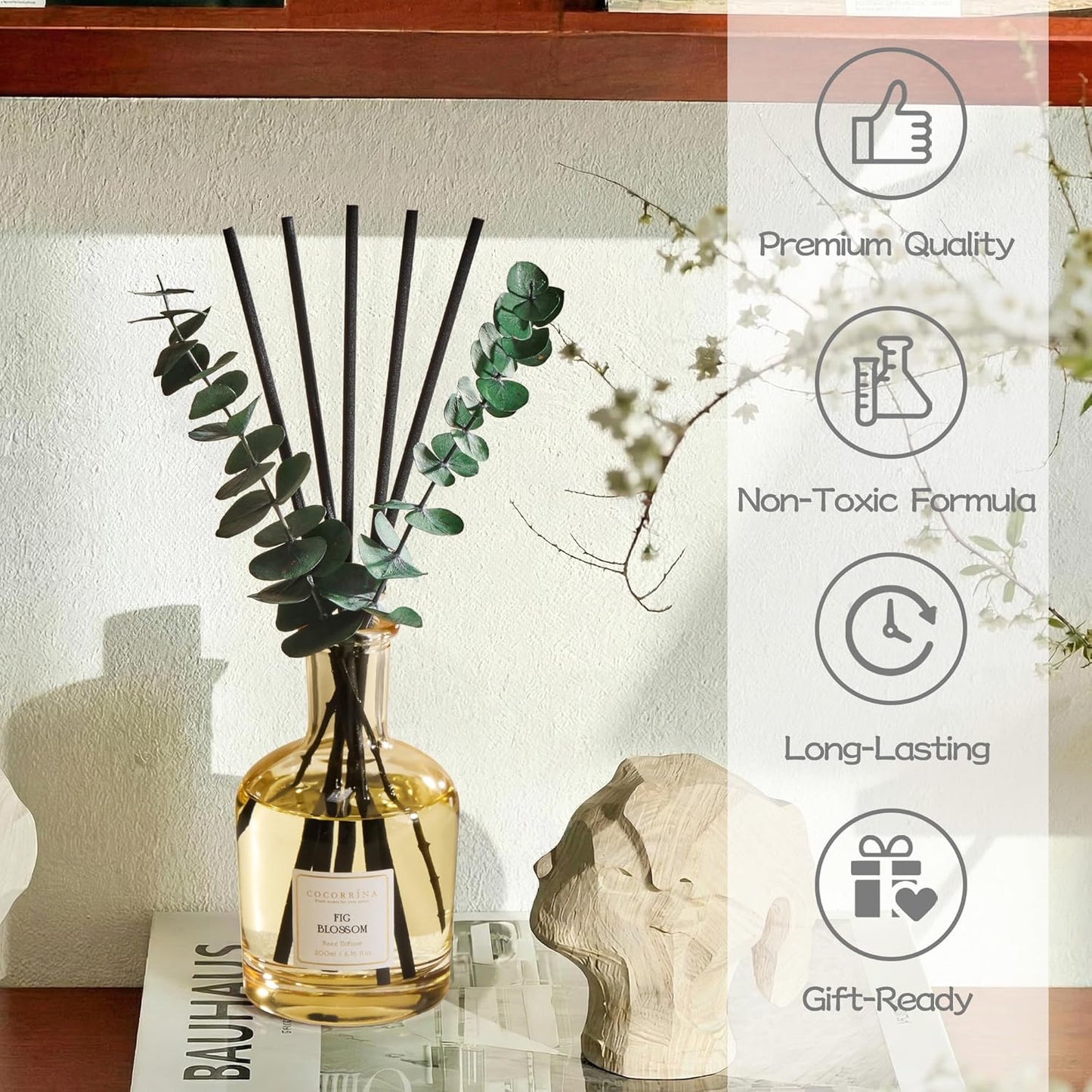 COCORRÍNA Wild Mint & Eucalyptus Reed Diffuser – 6.76 oz Essential Oil with 8 Reeds & Real Eucalyptus Sticks, Home Fragrance for Bedroom or Bathroom Décor