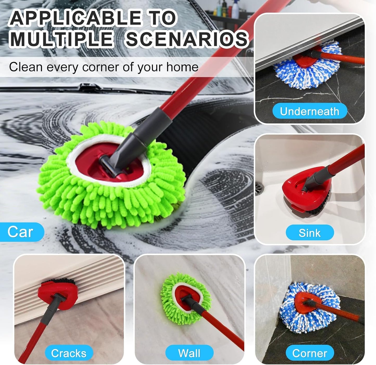 Mop Head Replacement for O Cedar, Spin Mop Replacement Head for Ocedar Easywring 1 Tank System, Mop Heads Includeds 4 Mop Replacement Heads , 1 Spin Scrub Brush & 1 Base