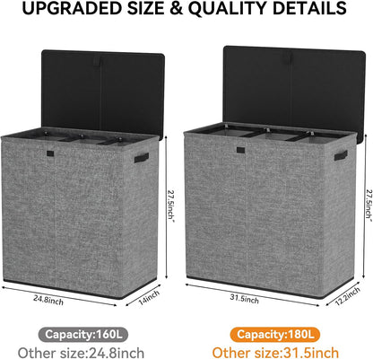WOWLIVE Laundry Hamper with Lid,160L Large Laundry Basket 3 Section with Removable Washing Bags,Collapsible Waterproof Dirty Clothes Hamper for Laundry Room Bathroom Dorm,Beige