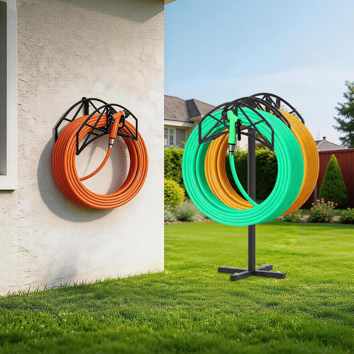 Garden Hose Holder Heavy Duty Water Hose Holder Holds 160 FT * 2 Hoses 4 Spikes Hose Reel Freestanding Hose Hanger Sturdy Hose Storage Stand with 90°Rotatable Hook for Outside Yard Lawn