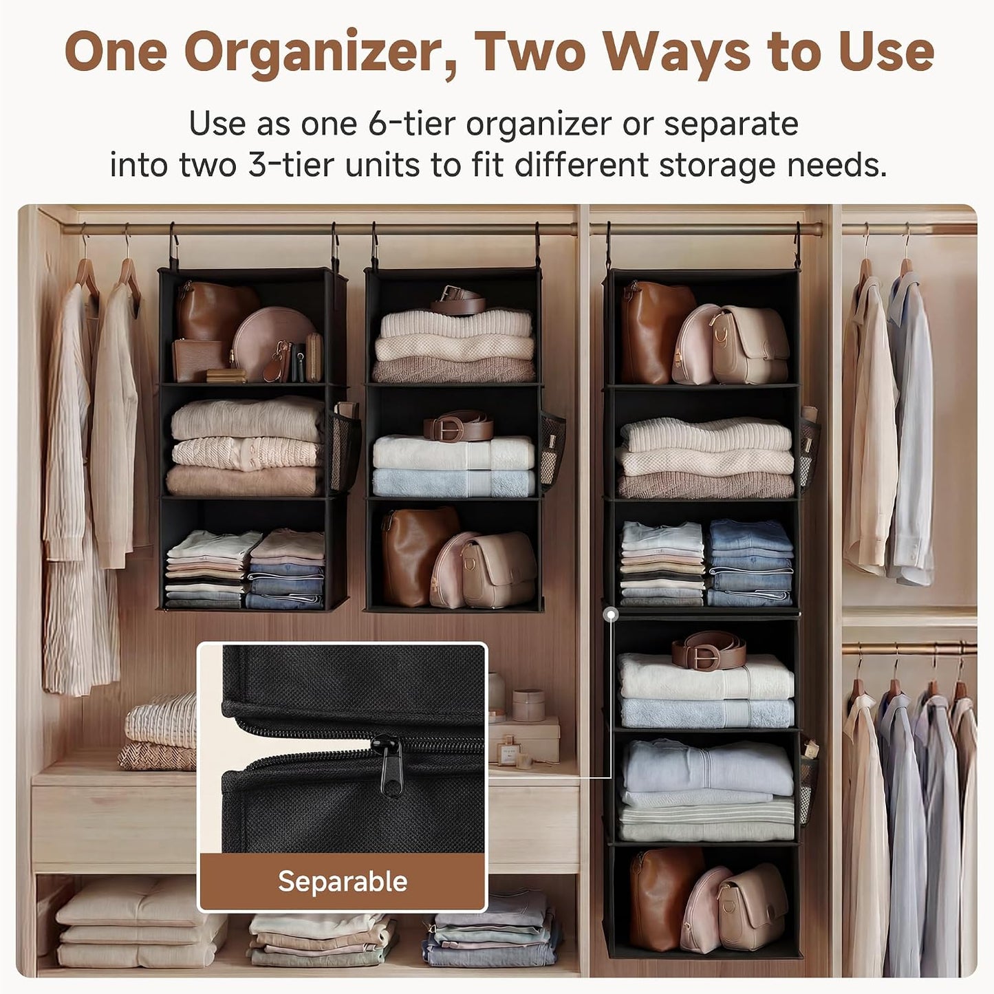 StorageWorks 6-Shelf Closet Organizers, Two 3-Shelf Separable Hanging Shelves for Closet, 12 1⁄2" D x 12 1⁄2" W x 47 ¼" H, Mixing of Beige, White & Ivory