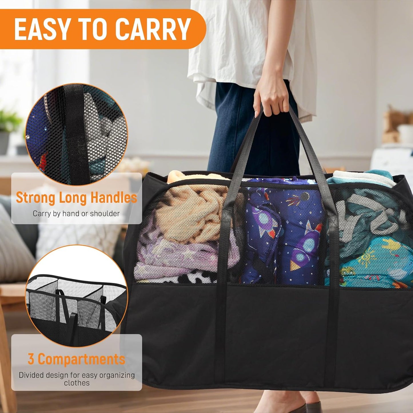 Collapsible Laundry Baskets with 3 Compartment, 150L Tear-proof Pop Up Hamper, Foldable Laundry Basket with Tote Handles, Dirty Clothes Hamper for Laundry, Bedroom, Bathroom, Dorm Grey