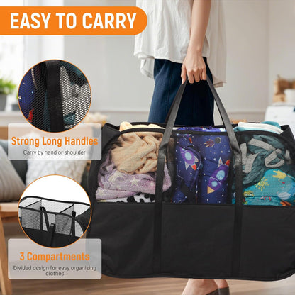 Collapsible Laundry Baskets with 3 Compartment, 150L Tear-proof Pop Up Hamper, Foldable Laundry Basket with Tote Handles, Dirty Clothes Hamper for Laundry, Bedroom, Bathroom, Dorm Grey