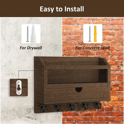 Nekon Key and Mail Holder for Wall, Key Organizer with 5 Hooks & Storage Drawer, 11" W x 7.9" H x 3.1" D Wooden Key Rack for Entryway and Home Decor (Black)