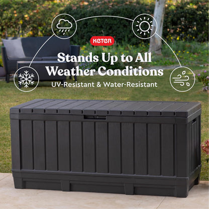 Keter Kentwood 92 Gallon Resin Deck Box-Organization and Storage for Patio Furniture Outdoor Cushions, Throw Pillows, Garden Tools and Pool Floats, Brown