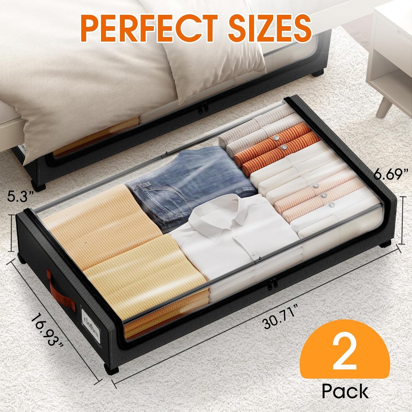 SpaceHacks Under Bed Storage with Wheels 2Pack Storage Containers with Clear Window&Label Under Bed Drawers Rolling Under Bed Storage for Clothes,Shoes, Blankets (30.71 x 16.93 x 6.69 in, Dark Grey)