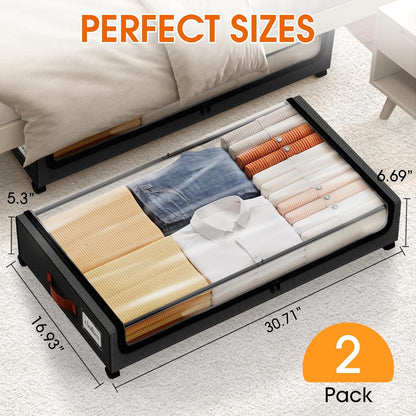 SpaceHacks Under Bed Storage with Wheels 2Pack Storage Containers with Clear Window&Label Under Bed Drawers Rolling Under Bed Storage for Clothes,Shoes, Blankets (30.71 x 16.93 x 6.69 in, Dark Grey)