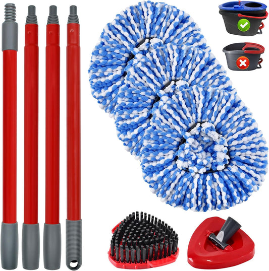 Mop Handle Mop Replace Heads and Mop Base Brush Replacement for O Cedar EasyWring 1-Tank System Include 3 Spin Mop Replacement Head, 4-Section Mop Handles, 1 Base and 1 Scrub Brush Combo