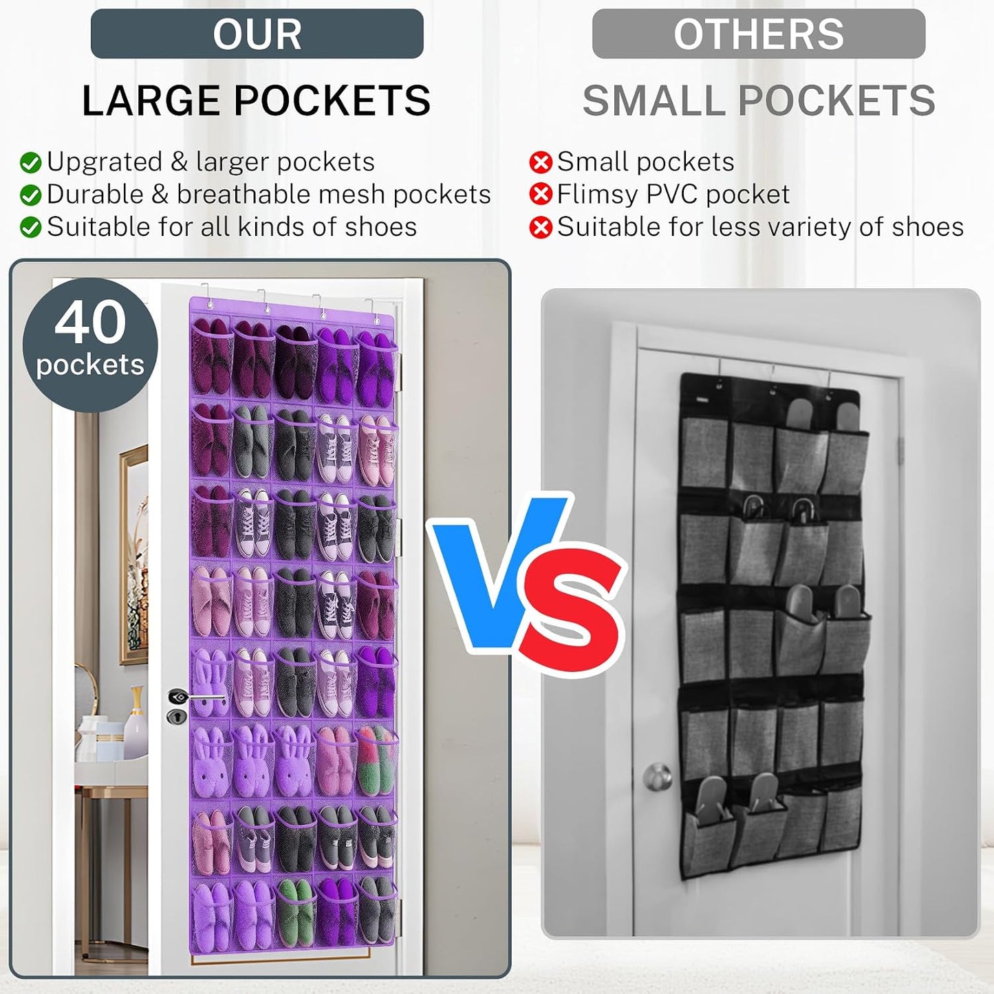 40 Large Mesh Pocket Over the Door Shoe Organizer,Hanging Shoe Rack for Door,Hualleko Shoes Organizer Hanger with Large Capacity, Shoes Storage Holder Sturdy Non-woven Fabric - Stores 20 Pairs (White)
