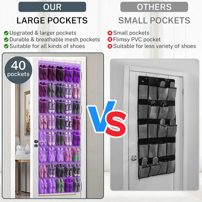 40 Large Mesh Pocket Over the Door Shoe Organizer,Hanging Shoe Rack for Door,Hualleko Shoes Organizer Hanger with Large Capacity, Shoes Storage Holder Sturdy Non-woven Fabric - Stores 20 Pairs (White)