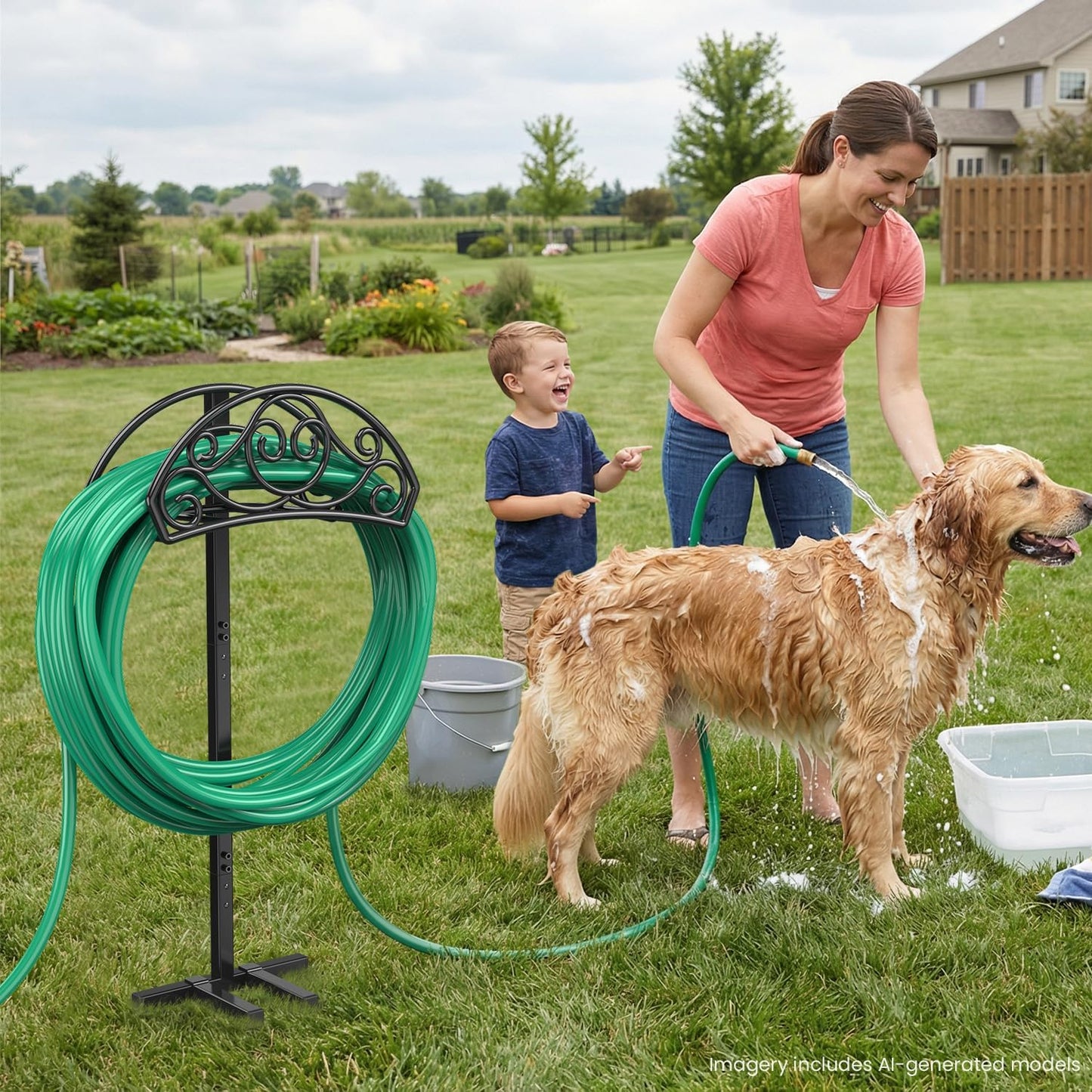Sunvigor Garden Hose Holder, Heavy Duty Metal Hose Stand with 4 Spikes, Holds Up to 150FT Hose, No Drill Freestanding Hose Reel Alternative for Yard Lawn Outdoor