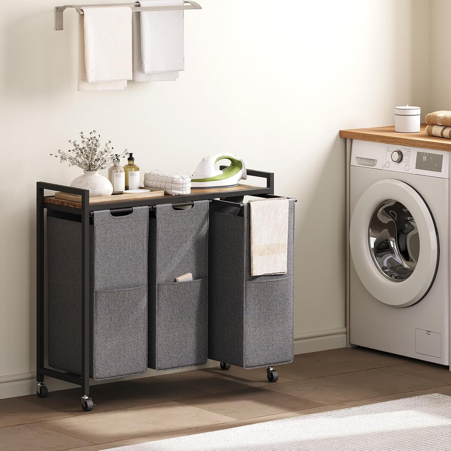HOOBRO Laundry Sorter 3 Section, Laundry Hamper with Wheels, 3 × 11.5 Gal (43.5 L), Rolling Laundry Basket, Pull-Out and Removable Oxford Fabric Laundry Bags, Rustic Brown and Black BF76XY01
