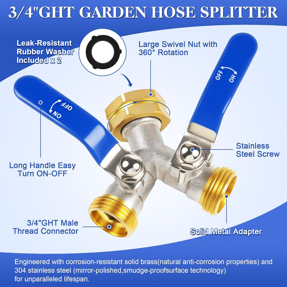 EJW Hose Splitter, 2 Way Hose Splitter, Garden Hose Splitters,Faucet Splitters, Outdoor Faucet Splitter, 2 Way Hose Connector,Brass Splitter, 3/4” GHT Threads.