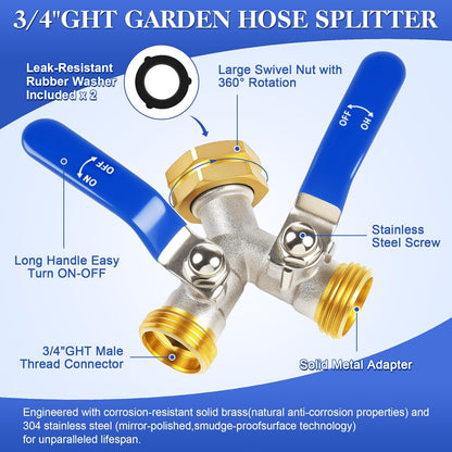 EJW Hose Splitter, 2 Way Hose Splitter, Garden Hose Splitters,Faucet Splitters, Outdoor Faucet Splitter, 2 Way Hose Connector,Brass Splitter, 3/4” GHT Threads.