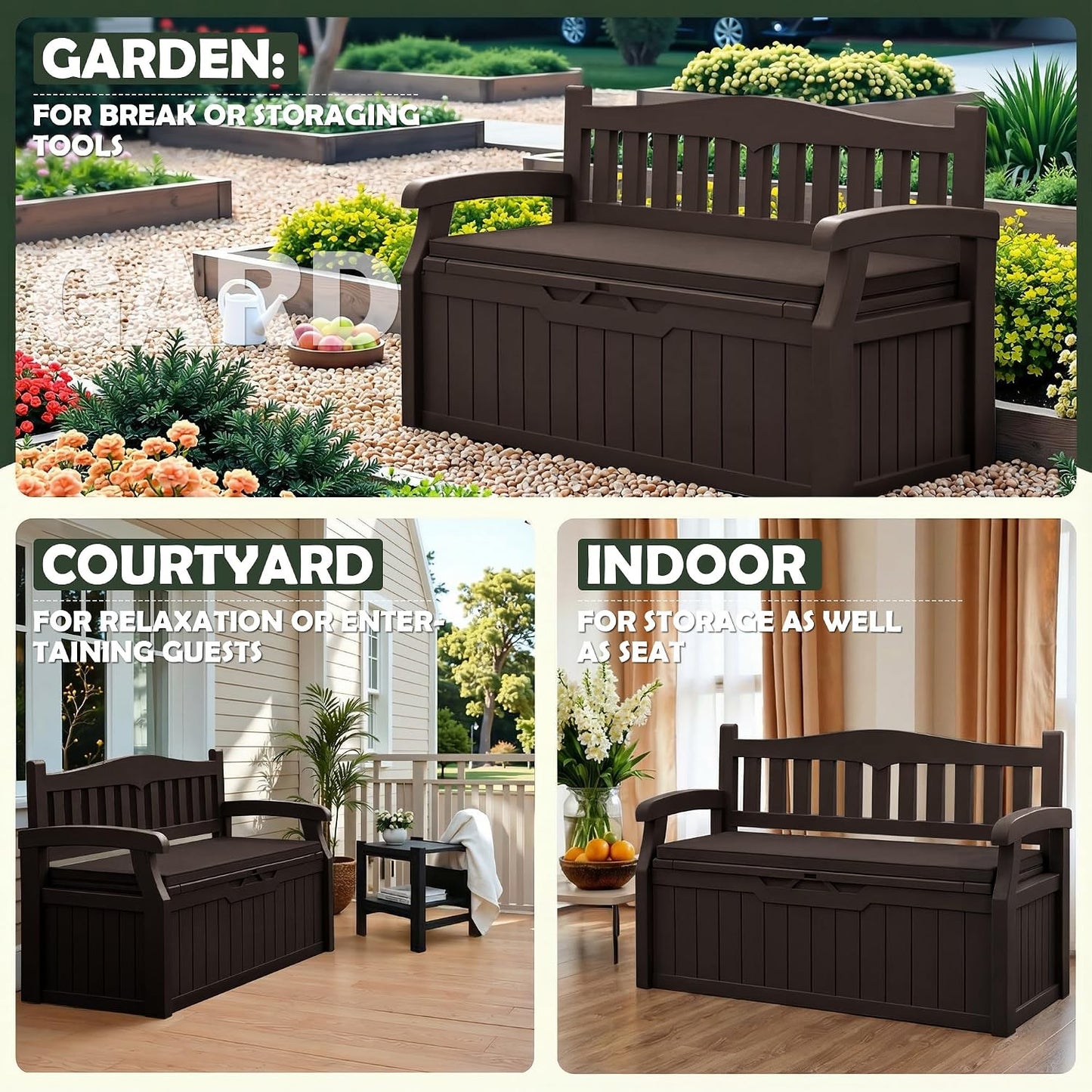 Flamaker 80 Gallon Storage Bench Outdoor Indoor, Durable All-Weather Seating with Hidden Storage, Lockable Deck Box for Garden, Patio, Poolside (Brown)