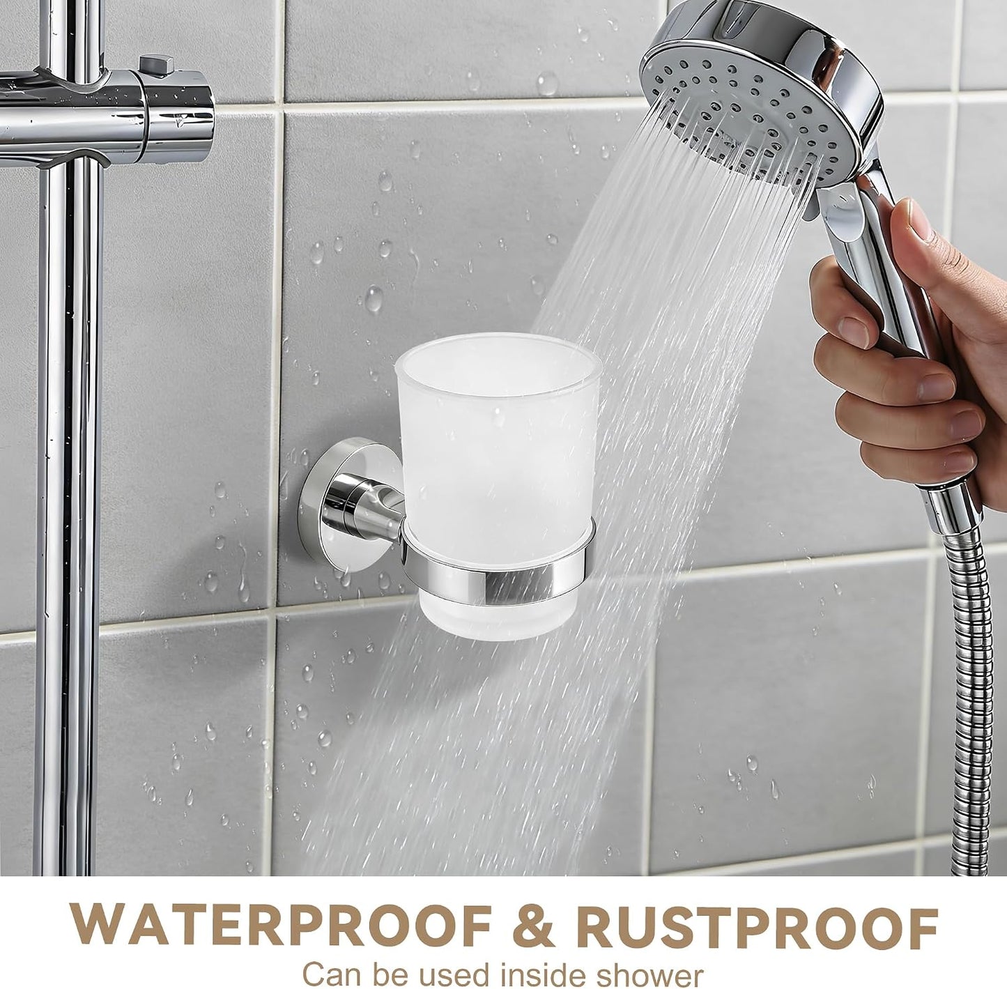 Toothbrush Holder, Wall Mounted Mouthwash Tumbler Holder with Frosted Glass Tumbler for Bathroom&Kitchen,Silver