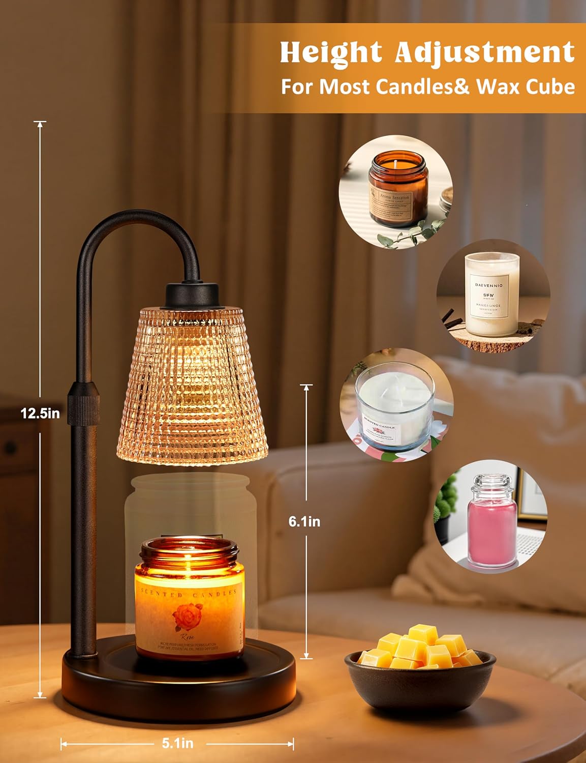 Innqoo Candle Warmer Lamp with Timer, Dimmable Candle Warmer for Jar Candles, Height Adjustable Wax Melts Warmer, Birthday Gifts for Women Mom, House Warming Gifts New Home Decor