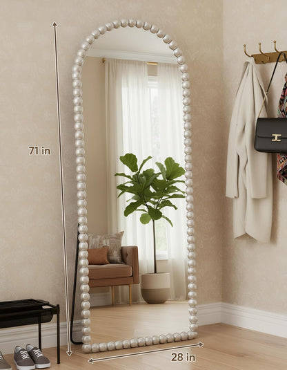 Antok 58" x 21" Arched Full Length Mirror, Antique Beaded Frame Floor Standing or Wall Mounted Mirror with Stand for Bedroom, Entryway, Brown, Luxury Style
