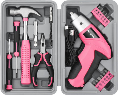 Hi-Spec Cordless Electric Screwdriver, Power Screw Driver Set with Pink Compact Tool Kit for Small Repair and Maintenance- Ideal Housewarming Gift,19 Piece
