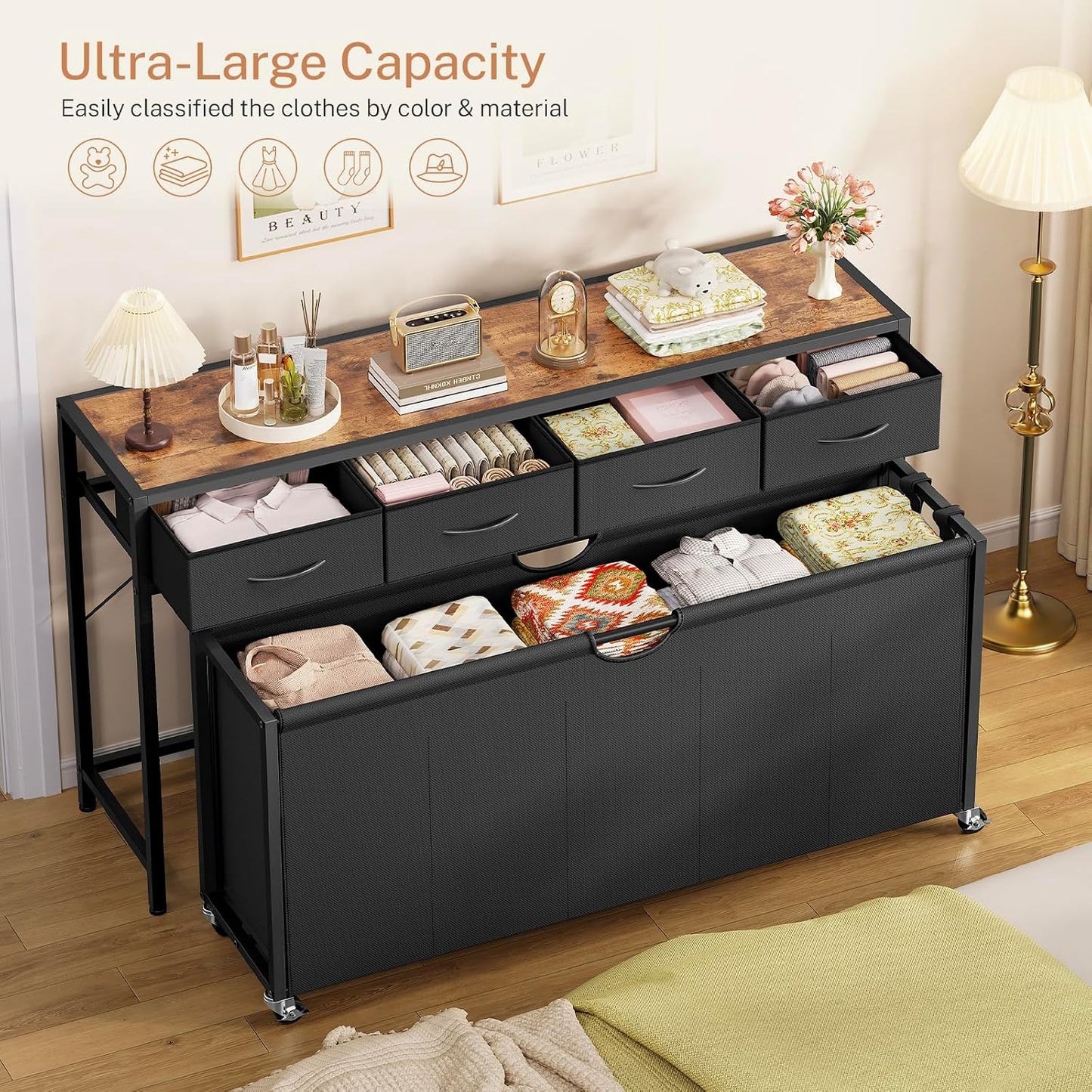 Laundry Sorter 3 Section, 120 L Laundry Hamper with 2 Drawers & 2-tone Top Panel, Rolling Laundry Basket Organizer with Pull-Out Removable Oxford Fabric Bags for Laundry Room Organization UNZYL006BVV3