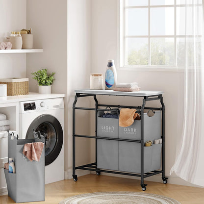 Hoctieon 3 Section Laundry Sorter Cart with Ironing Board, Laundry Hamper with Shelf and Rolling Wheels, Heavy Duty Laundry Basket Organizer, Large Clothes Separator Hamper with Removable Bags, Black