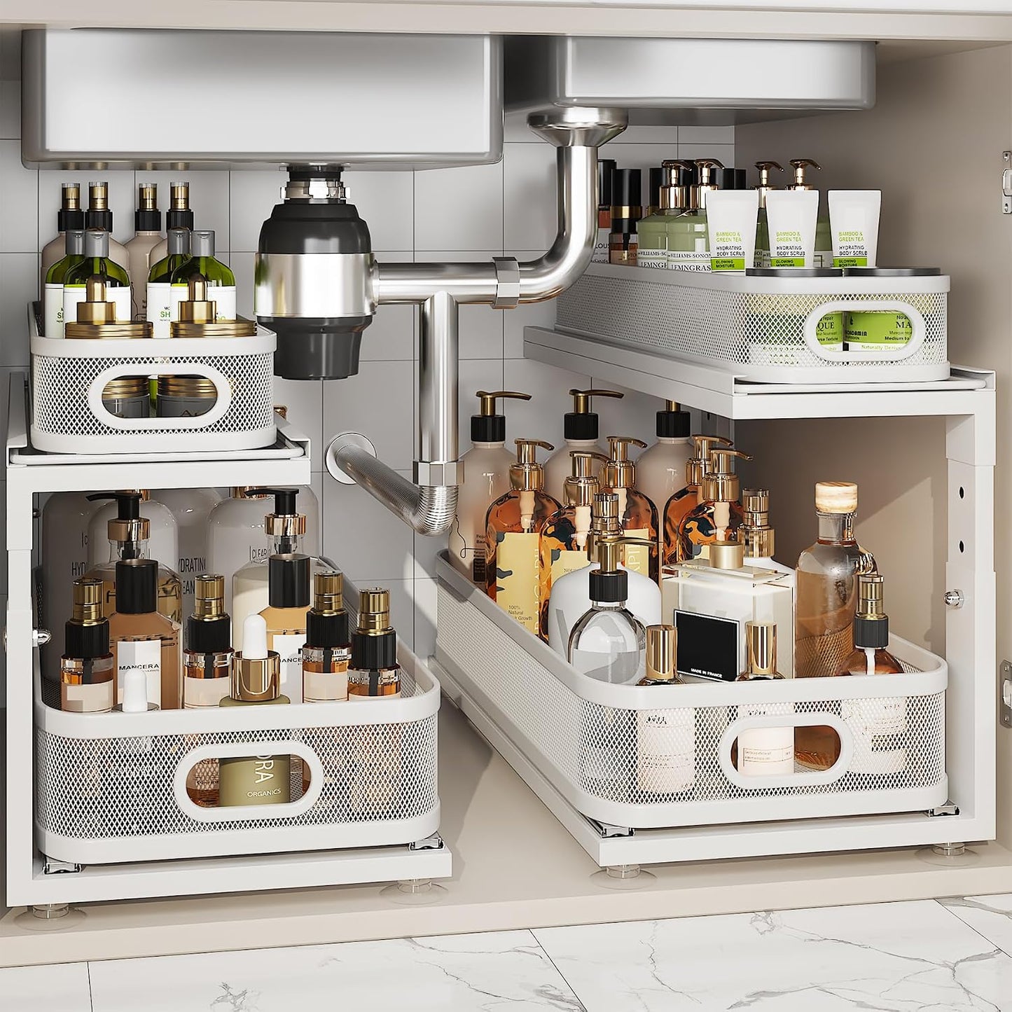 2 Pack 18.5IN-Depth Under Sink Organizer With Next-Gen Ball-Bearing Slides,2-Tier Precision Mesh Pull Out Cabinet Storage for Bathroom&Kitchen,Height Adjustable Drawers Shelf,Anti-rust-White