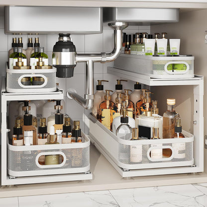2 Pack 18.5IN-Depth Under Sink Organizer With Next-Gen Ball-Bearing Slides,2-Tier Precision Mesh Pull Out Cabinet Storage for Bathroom&Kitchen,Height Adjustable Drawers Shelf,Anti-rust-White