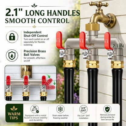 Garden Hose Splitter 3-Way, Heavy Duty Brass Hose Splitter | Outdoor Water Spigot Splitter, Full Flow, Long Handles, Shut-off Valves, Wide Spacing Fit Large Timer