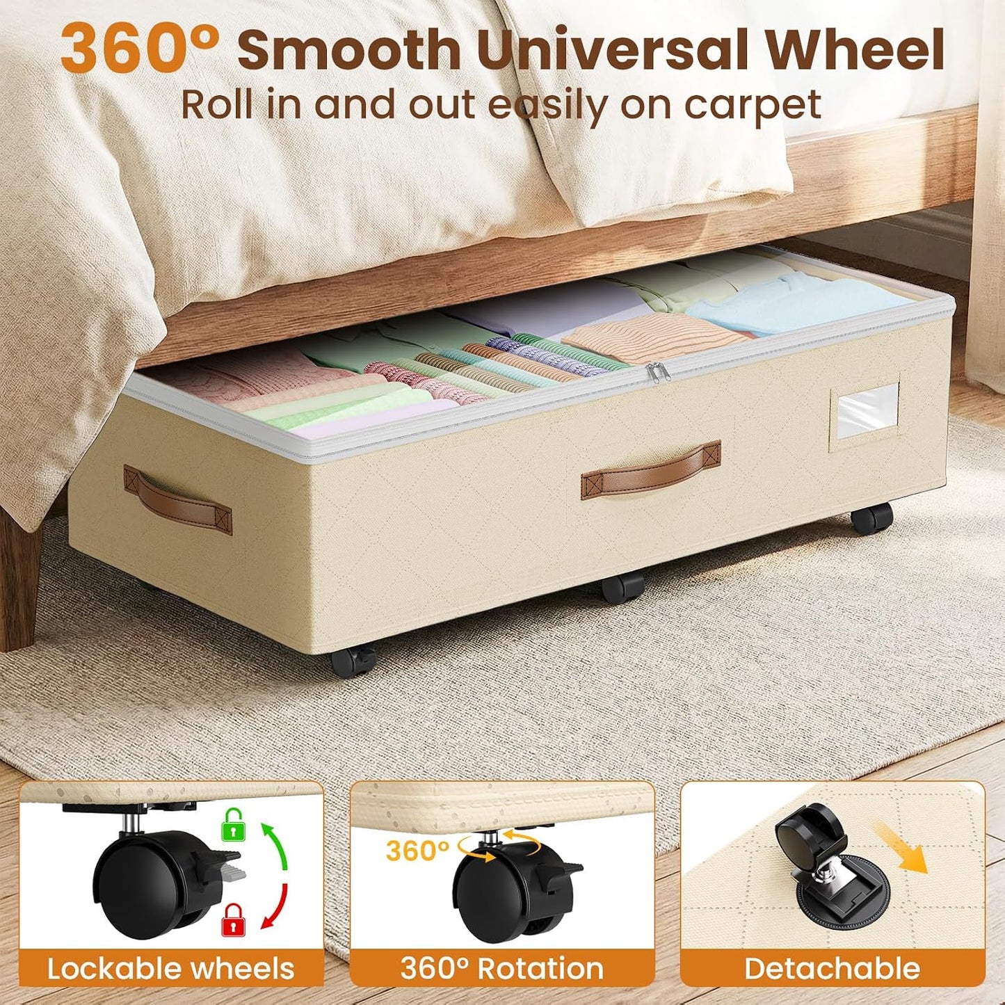 Budding Joy 80L 2 Pack Adjustable Under Bed Storage with Wheels | Underbed containers with clear lids, rolling under bed shoe storage organizer for dorm home clothes, blankets, toys, black